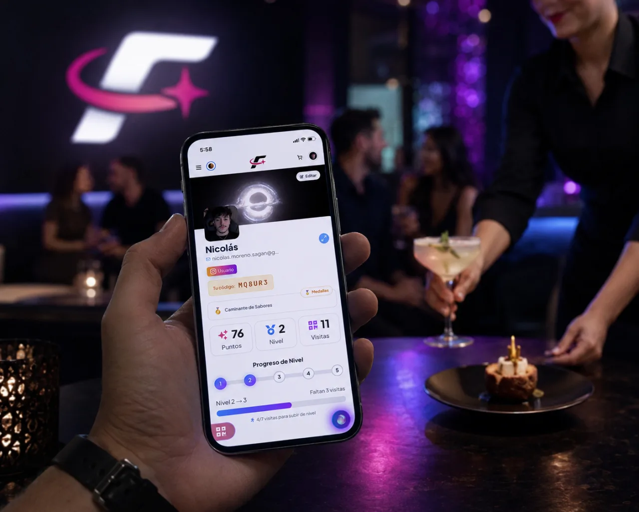 Perfil de fidelización con puntos y nivel en el celular