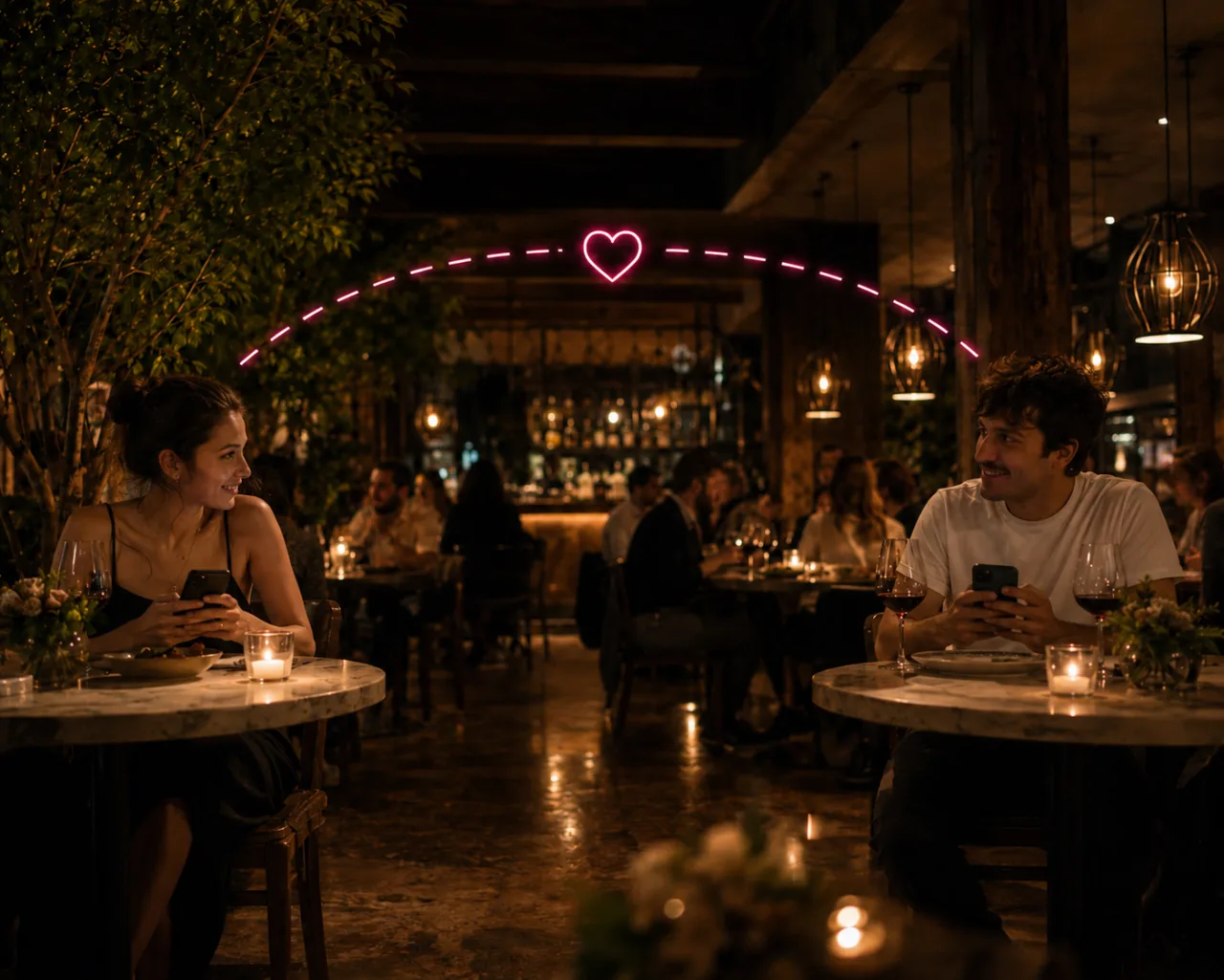 Pareja conectando en un local, FideLove