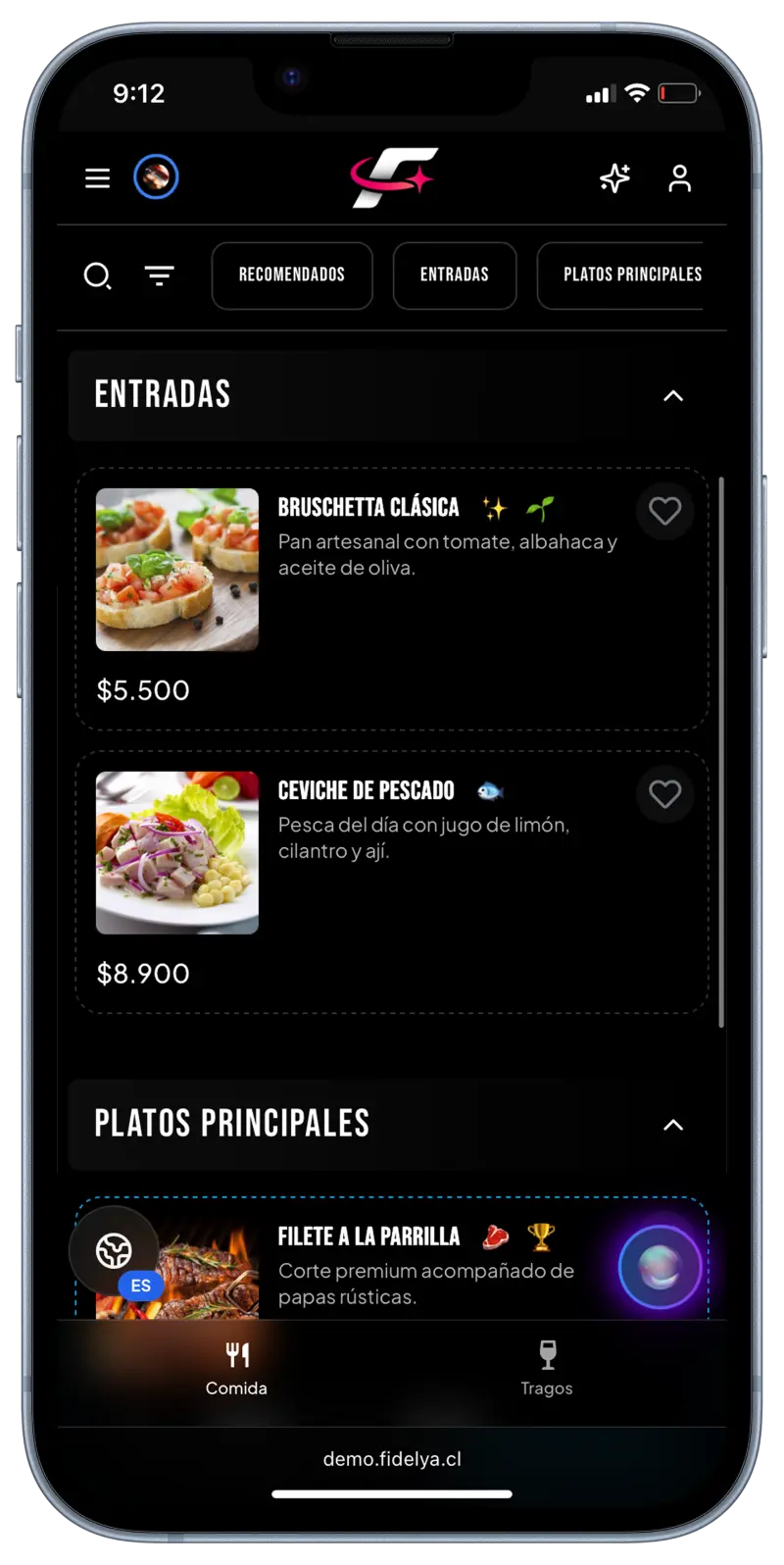 Carta digital de FIDELYA con secciones, fotos y precios