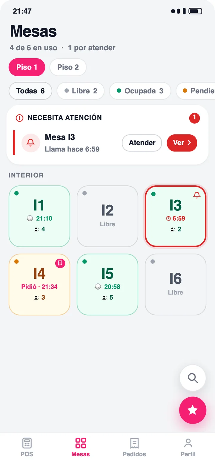 App de mesero: mesa I3 llamando
