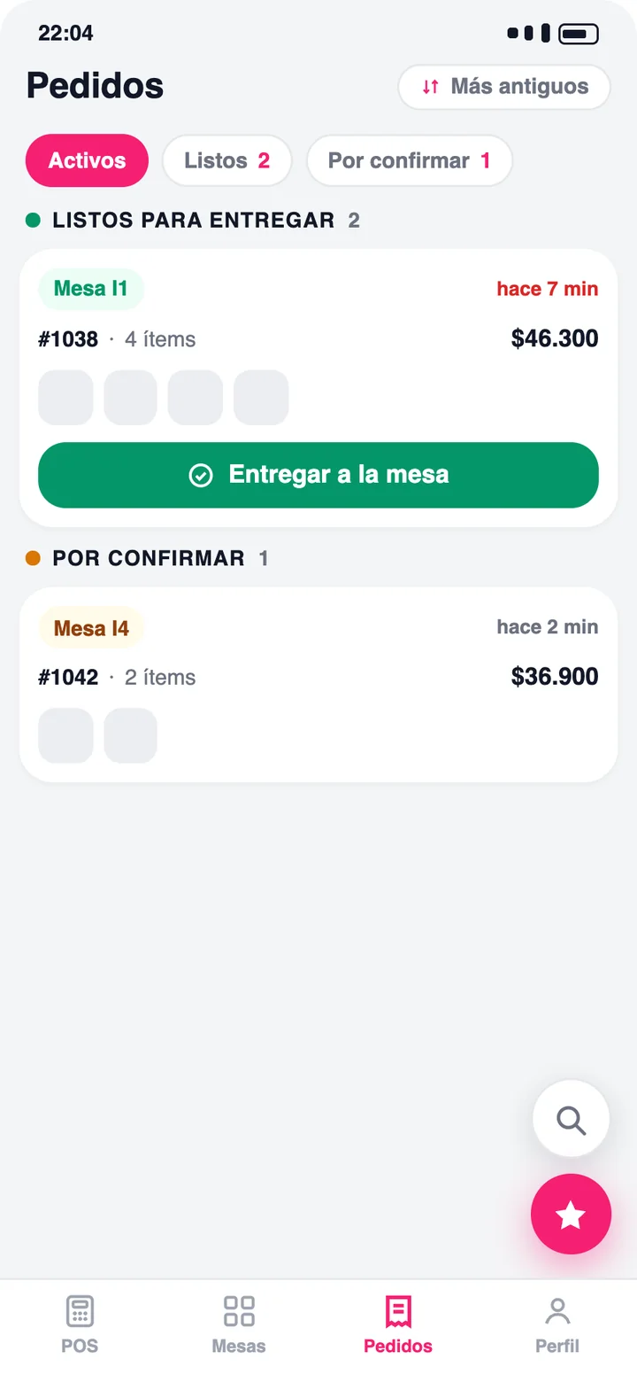 App de mesero: pedidos listos para entregar